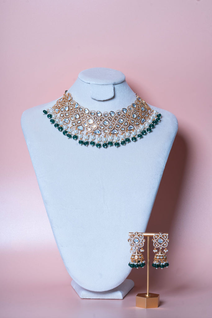Sajani Emerald Kundan Yellow Gold Necklace & Earring Set By Jaipur Rose Luxury Indian Jewelry Online - Jaipur Rose