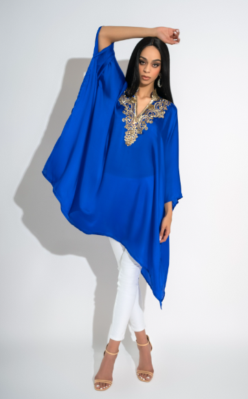 Aiza Royal Navy Blue Luxury Silk Kaftan Handcrafted with Crystal and Sequin Detailing by Jaipur Rose - Jaipur Rose