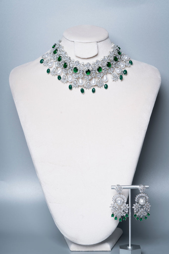 Aarani Pearl & Crystal Emerald Green White Gold Luxury Necklace & Earring Set By Jaipur Rose Luxury Indian Jewelry Online - Jaipur Rose