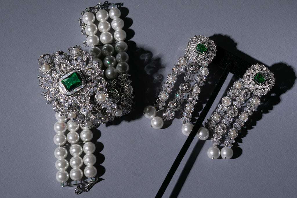 Dilara Choker Set - Green Emerald- Jaipur Rose Gold Plated Luxury Designer Indian Jewelry Online - Jaipur Rose