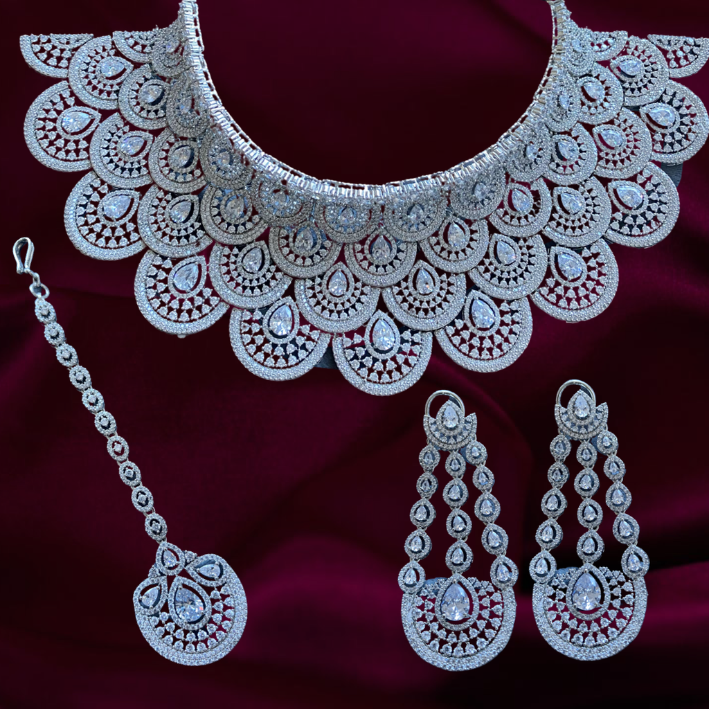 Urmila Luxury White Gold Necklace, Tikka & Earring Bridal Set By Jaipur Rose Luxury Jewelry - Jaipur Rose