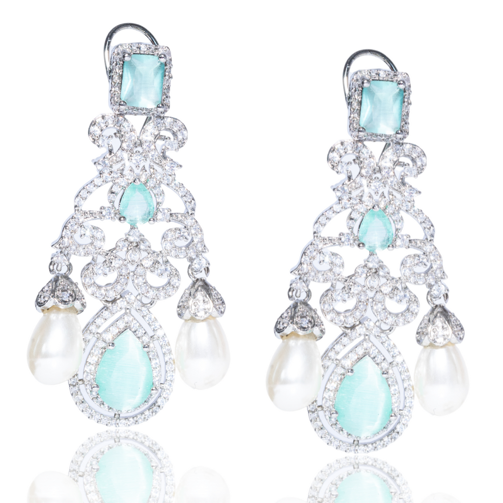 Lola Mint White Gold Pearl & Crystal Jaipur Rose Gold Plated Luxury Designer Indian Jewelry - Jaipur Rose