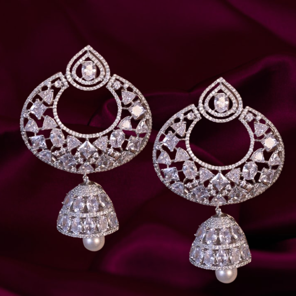 Devi Statement Designer Indian Earrings- White Gold Plated Luxury Indian Jewelry - Jaipur Rose - Jaipur Rose