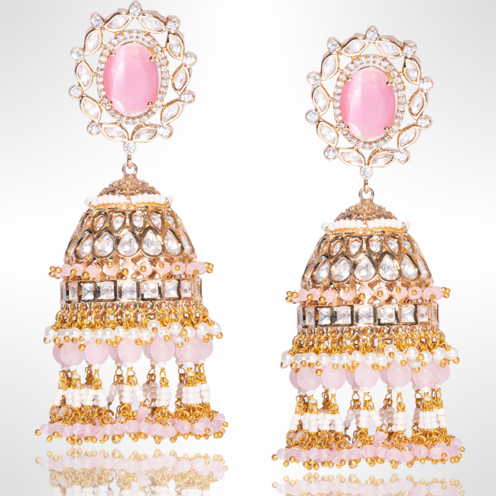 Yashwani Statement Jhumkas Earrings Pink Moissanite Yellow Gold By Jaipur Rose Luxury Indian Jewelry Online - Jaipur Rose