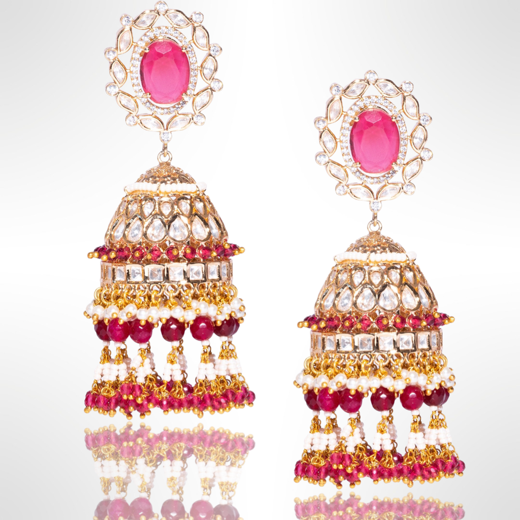 Yashwani Statement Jhumkas Earrings Rani Red Moissanite Yellow Gold By Jaipur Rose Luxury Indian Jewelry Online - Jaipur Rose