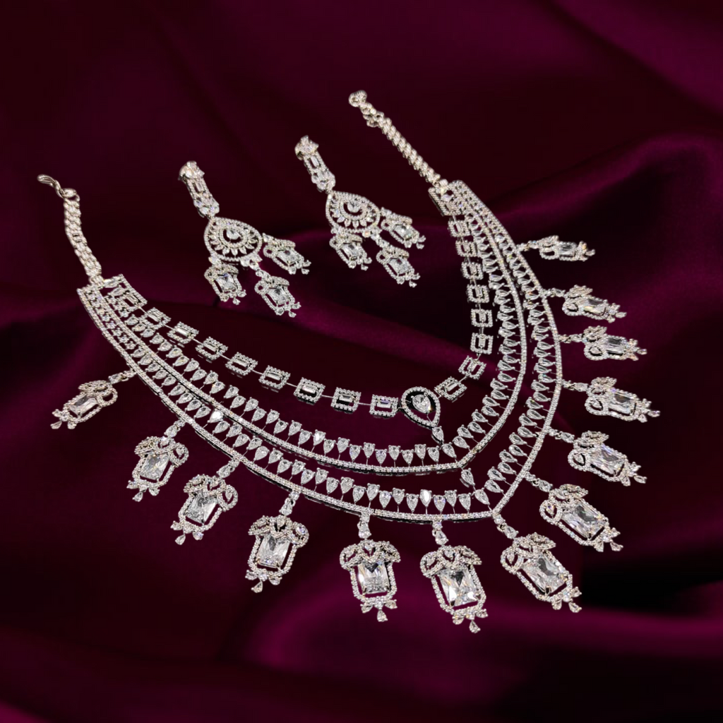 Grace Chandelier Statement Necklace Set Designer White Gold Plated Fashion Jewelry by Jaipur Rose Indian Jewelry Online - Jaipur Rose