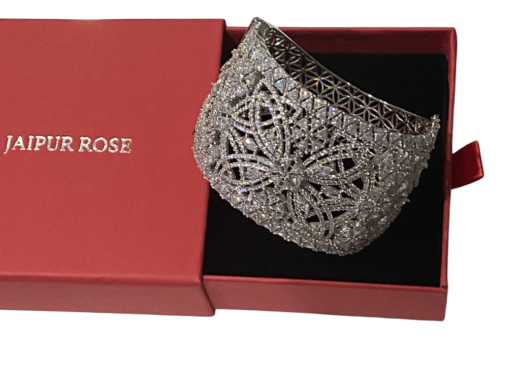 Make a statement in our dazzling Rozana cuff or as we say in India kada bracelet perfect for adding a perfect touch of sparkle to every look.

Gold Plated Brass JeweJaipur RoseJaipur RoseBraceletsRozana Crystal Embellished Cuff - White Gold Kada by Jaipur Rose Moder