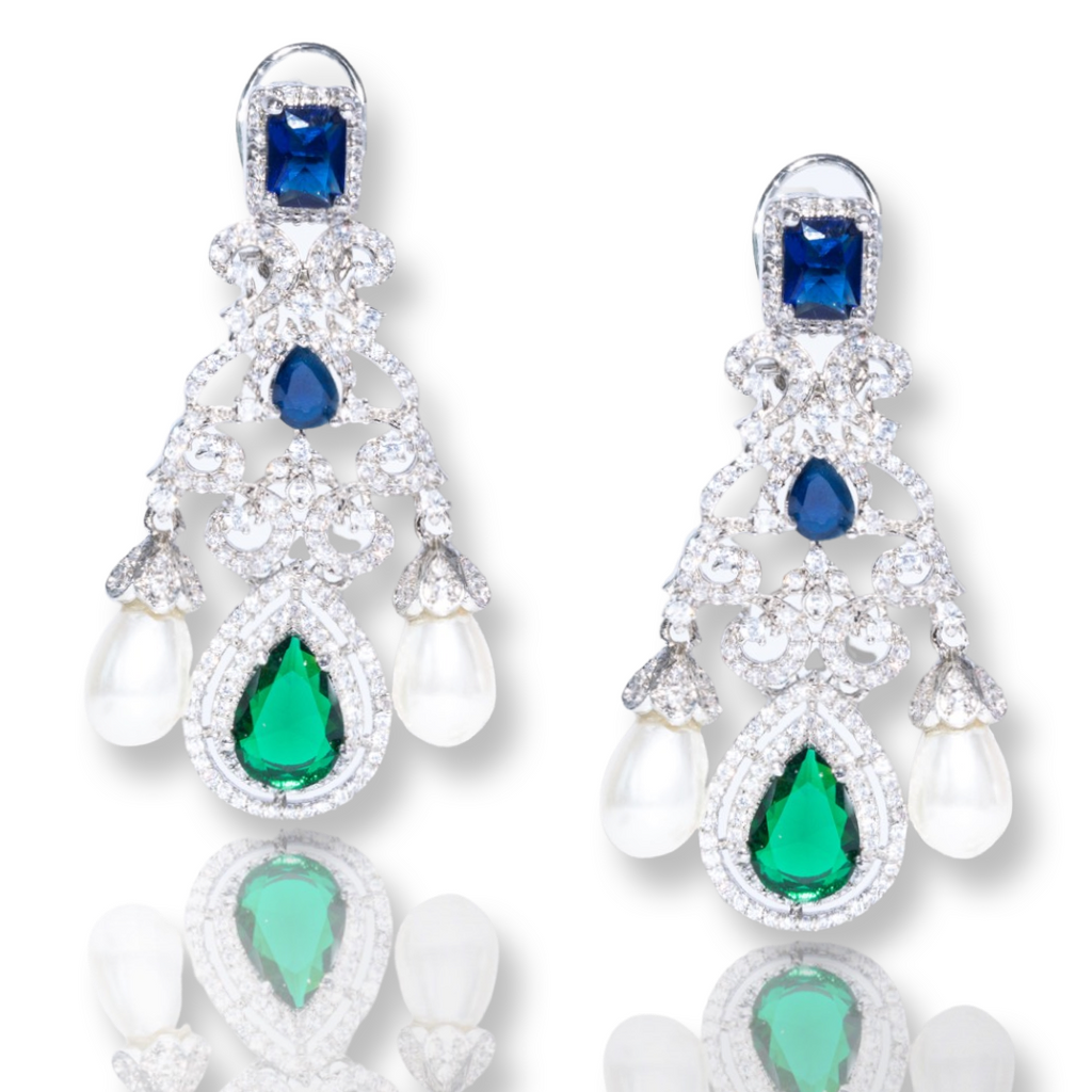 Lola Emerald & Sapphire White Gold Pearl & Crystal Jaipur Rose Gold Plated Luxury Designer Indian Jewelry - Jaipur Rose