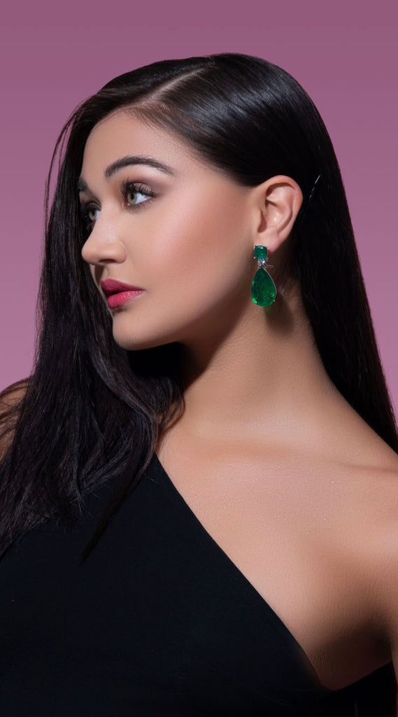 Angelina Statement Drop Earrings- Emerald Green- Jaipur Rose Gold Plated Luxury Designer Indian Jewelry - Jaipur Rose