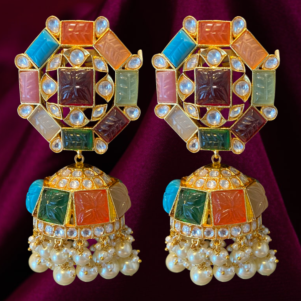 Navaratna Luxury Runway Jhumka Earrings by Jaipur Rose Luxury Designer Jewelry - Jaipur Rose