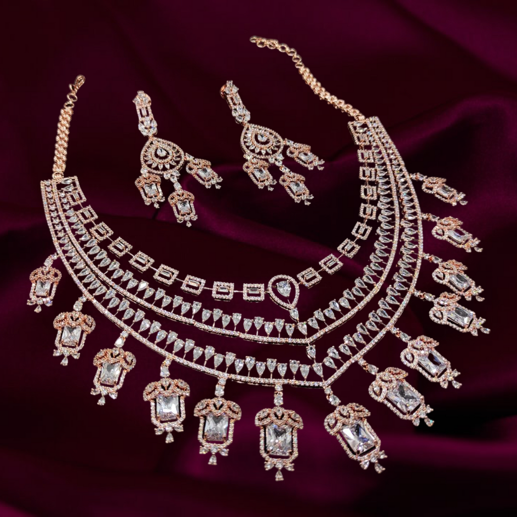 Grace Chandelier Statement Necklace Set Designer Rose Gold Plated Fashion Jewelry by Jaipur Rose Indian Jewelry Online - Jaipur Rose