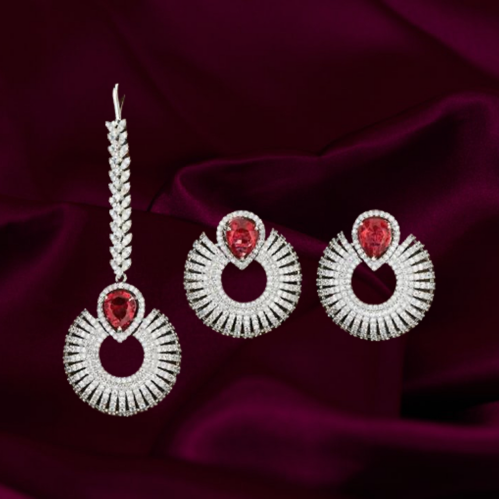 Suryana White Gold Ruby Earrings & Tikka Set By Jaipur Rose - Jaipur Rose
