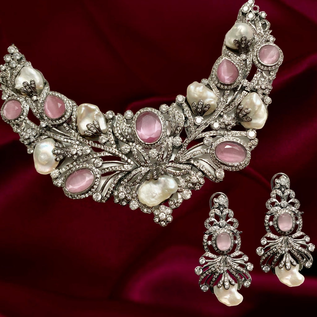 Sarabella Baroque Pearl Choker Set - Pink - Jaipur Rose Gold Plated Luxury Designer Indian Jewelry - Jaipur Rose