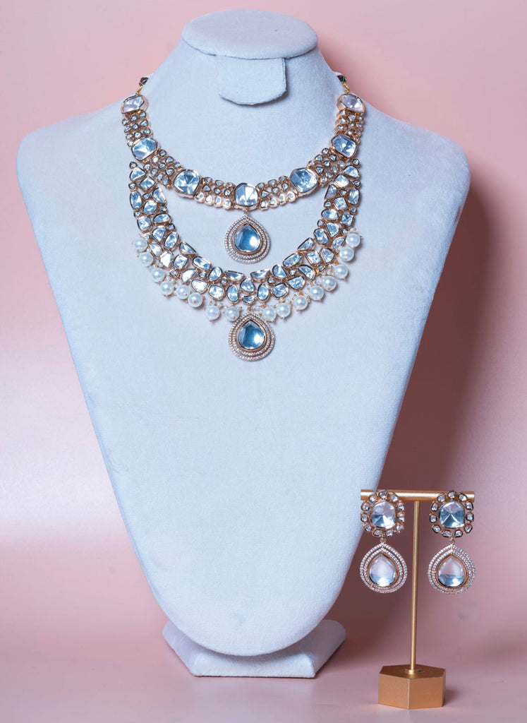 Naveena Statement Modern Kundan Yellow Gold Pearl Necklace & Earring Set By Jaipur Rose Luxury Indian Jewelry Online - Jaipur Rose