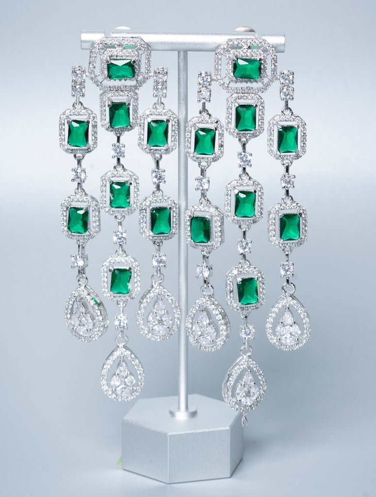 Mei-Lin Statement Chandelier Earrings Emerald Green White Gold By Jaipur Rose Luxury Indian Jewelry Online - Jaipur Rose