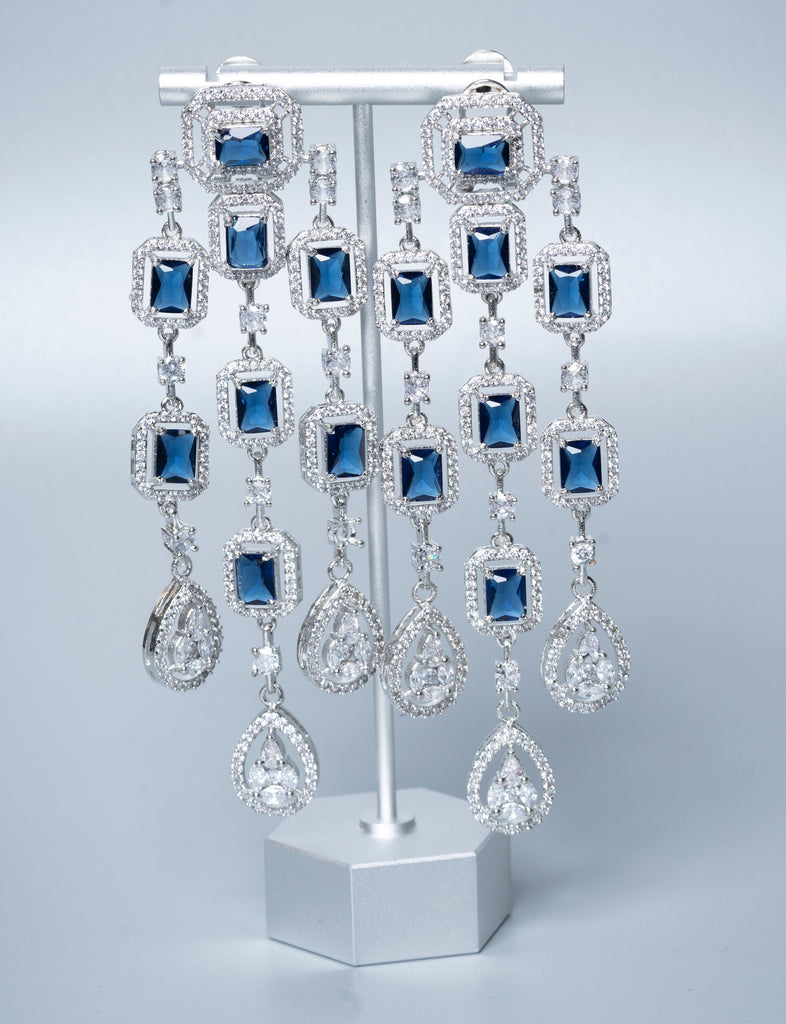 Mei-Lin Statement Chandelier Earrings Sapphire Blue White Gold By Jaipur Rose Luxury Indian Jewelry Online - Jaipur Rose