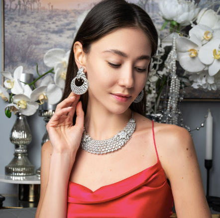 Remy Floral Statement Necklace & Earring Set White Gold Jaipur Rose - Jaipur Rose