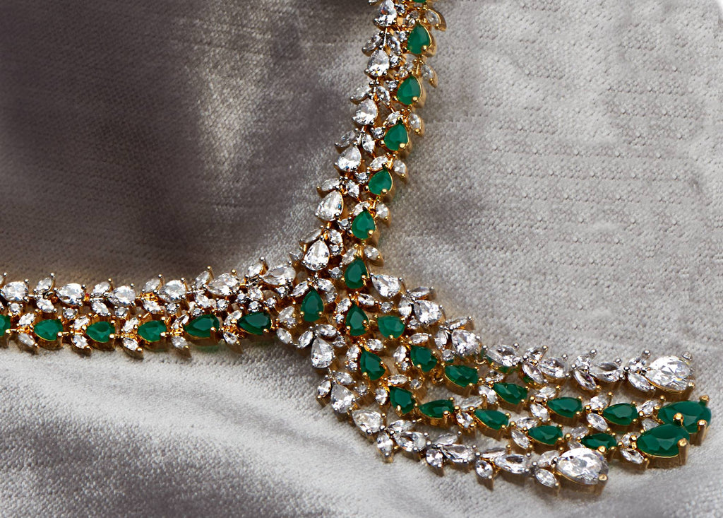 Ava Emerald Green Waterfall Drop Statement Necklace & Earring Set Emerald Green by Jaipur Rose Luxury Indian Designer Jewellery - Jaipur Rose