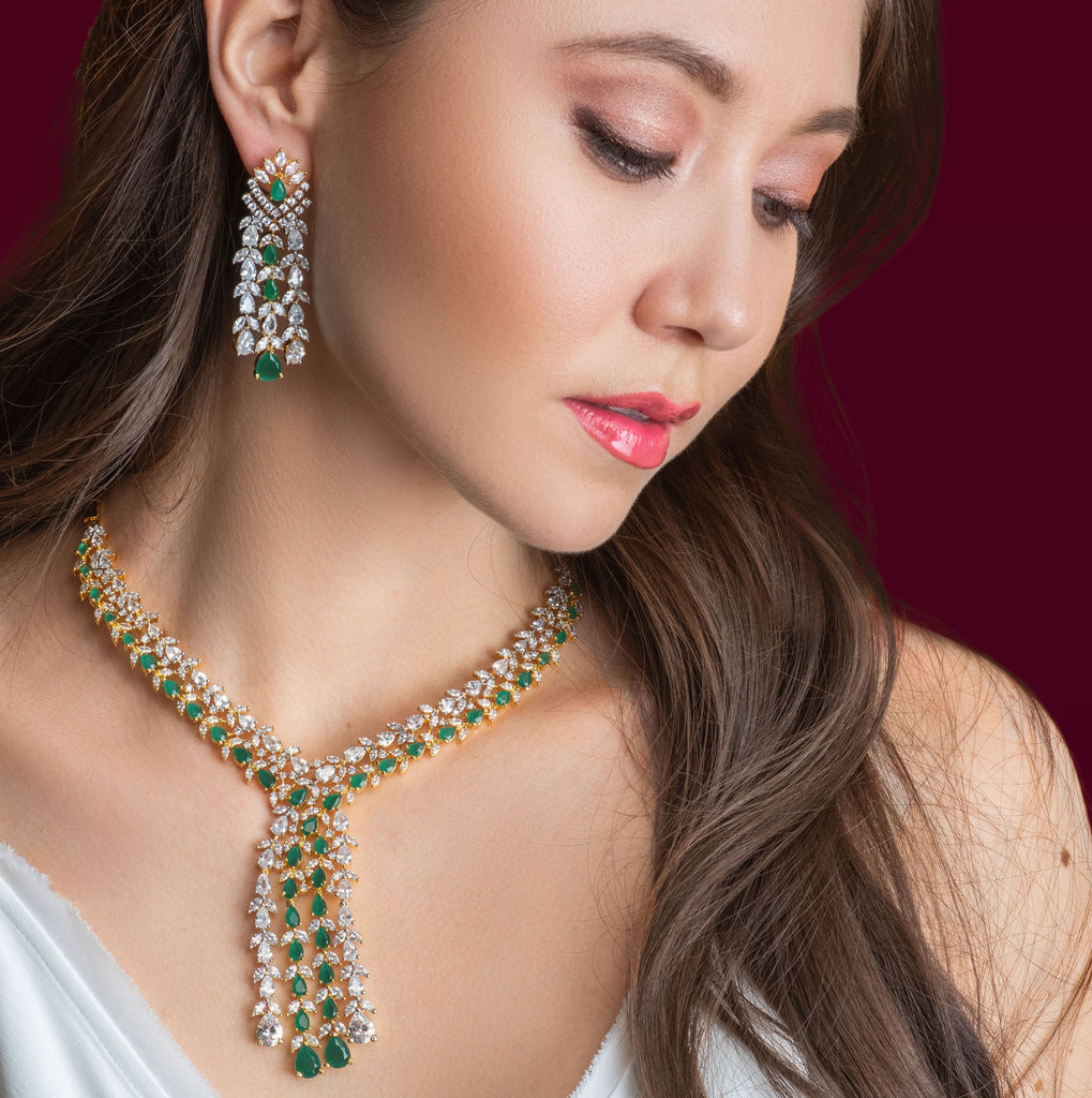 Ava Emerald Green Waterfall Drop Statement Necklace & Earring Set Emerald Green by Jaipur Rose Luxury Indian Designer Jewellery - Jaipur Rose