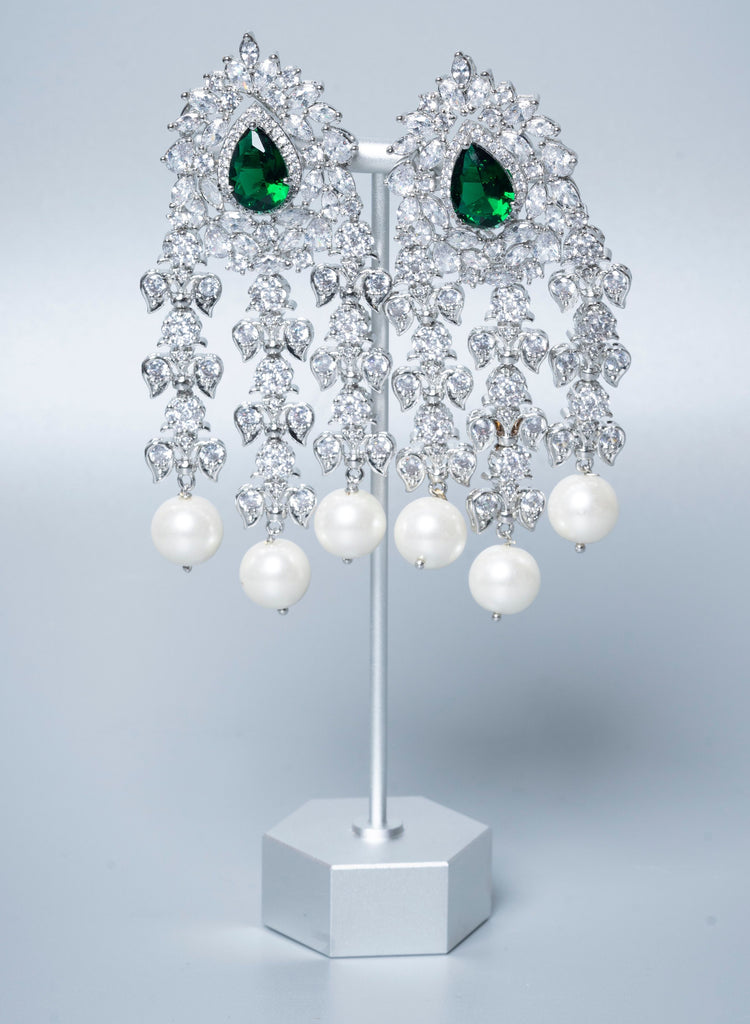 Dia Statement Waterfall Pearl Earrings Emerald By Jaipur Rose Luxury Indian Jewelry Online - Jaipur Rose