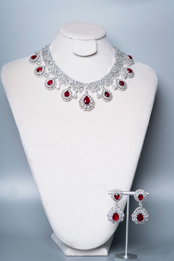 Mainavi Crystal Ruby Red White Gold Luxury Necklace & Earring Set By Jaipur Rose Luxury Indian Jewelry Online - Jaipur Rose
