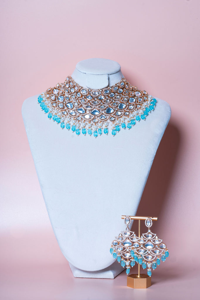 Liya Aqua Modern Kundan Rose Gold Necklace & Earring Set By Jaipur Rose Luxury Indian Jewelry Online - Jaipur Rose