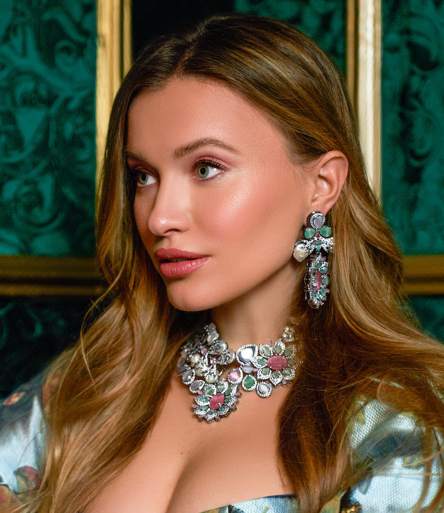 Our Estelle Choker necklace and earrings set was designed to add spectacular royal sparkle and glamour to any look. Inspired by the royal court jewelry of Jaipur, InJaipur RoseJaipur RoseNecklace and Earring SetEstelle Baroque Pearl Choker Set - Pastel Pink & Mint - Jaipur Rose Go