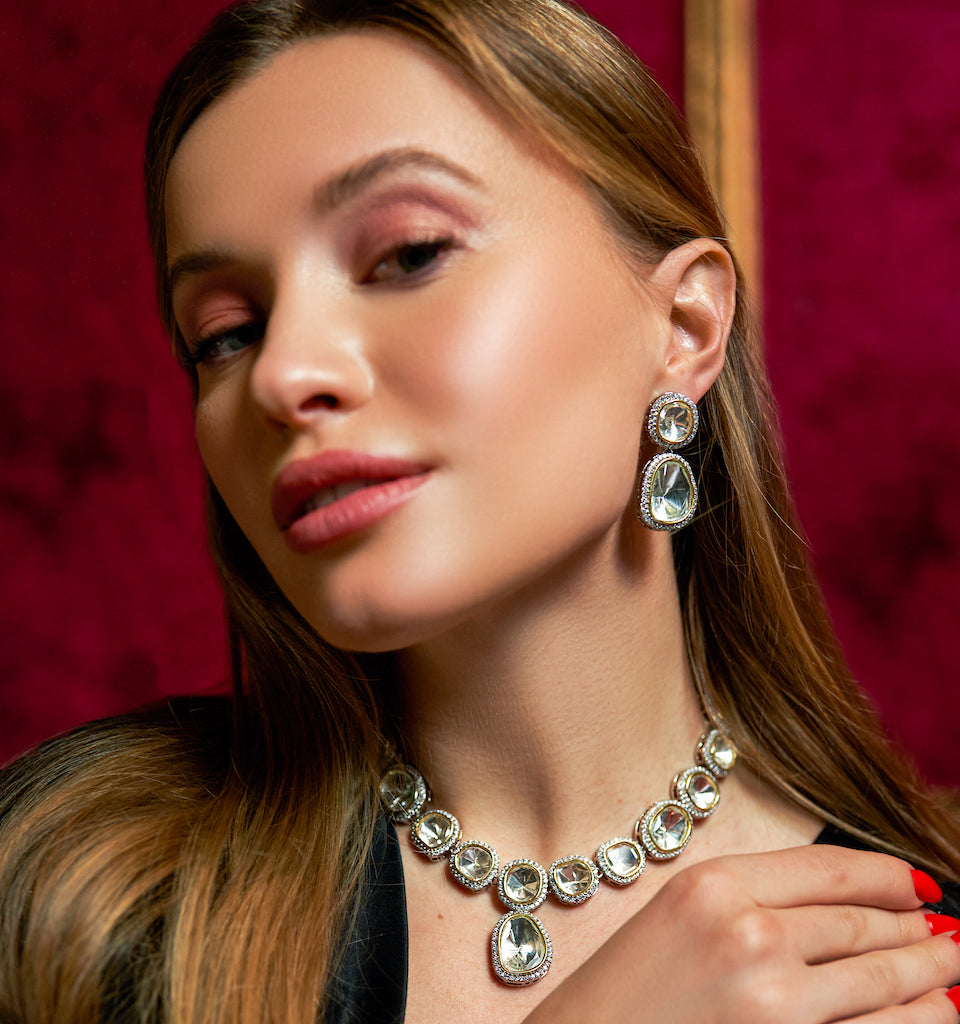 Riviera Modern Artifical Kundan Statement Necklace & Earring Set - Jaipur Rose