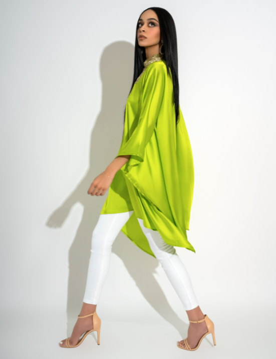Aiza Verbana Lime Green Luxury Silk Kaftan Handcrafted with Crystal and Sequin Detailing by Jaipur Rose - Jaipur Rose