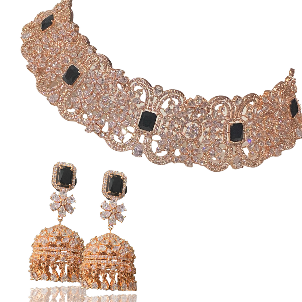 Cerise Rose Gold and Onyx Choker and Jhumka Earring Set By Jaipur Rose Designer Modern Indian Jewelry - Jaipur Rose